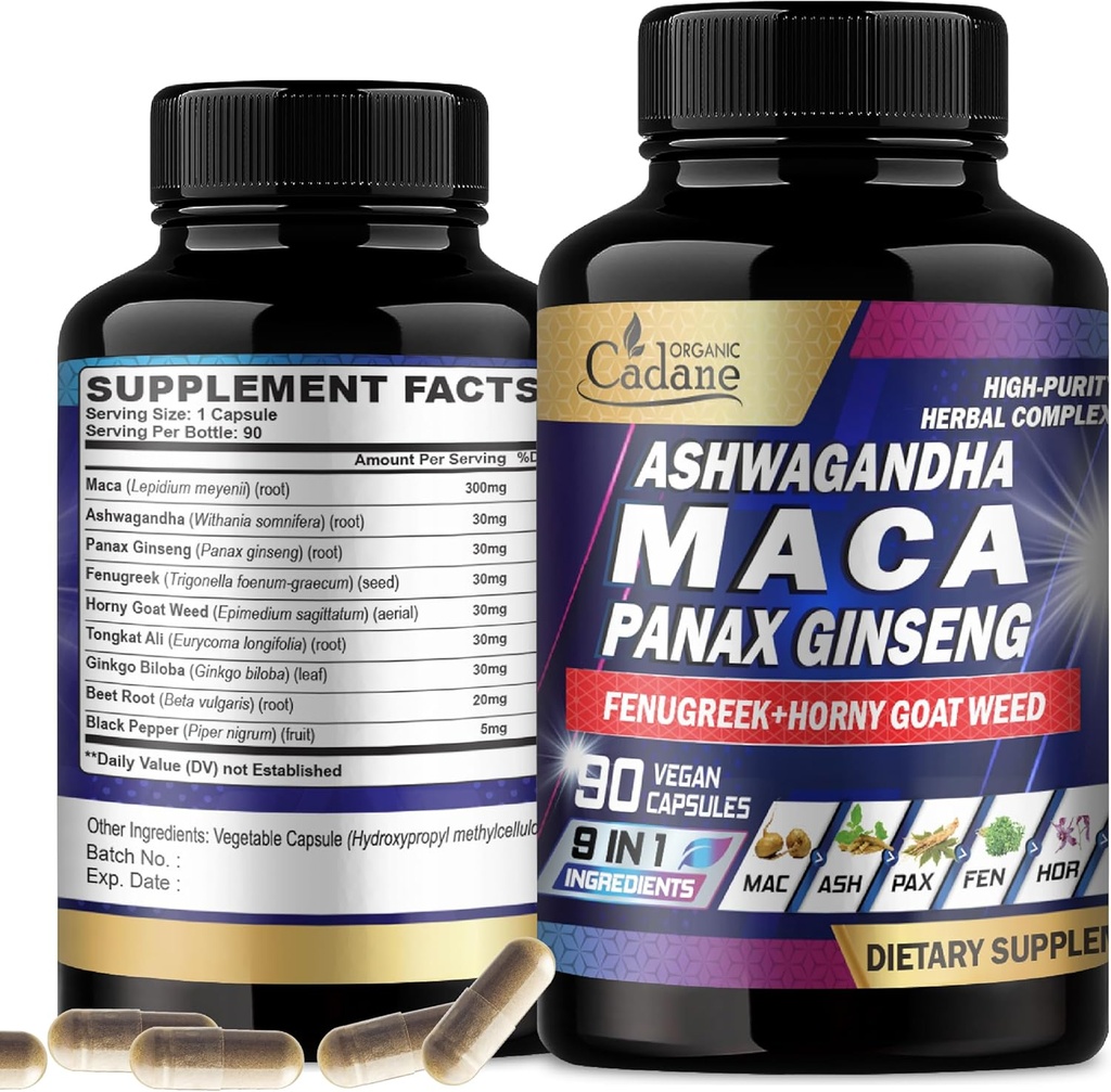 Organické Cadane Maca Root, Ashwagandha, Panax Ginseng Supplement - 90 Kapsule 3 mesiace s Fenugreek, Tongkat Ali & More - Podpora výroby energie a imunita