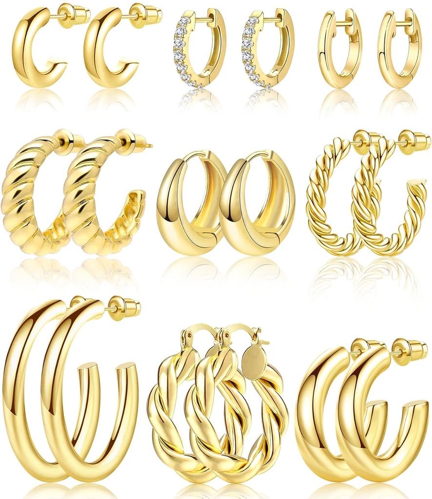 Adoyi 9 Pairs Gold Hoop náušnice Set pre ženy Twisted Huggie Hoops Náušnice 14K 18K Gold Plated for Girls Valentines Mother's Day Birthday Darčeky Ľahké