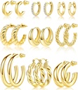 Adoyi 9 Pairs Gold Hoop náušnice Set pre ženy Twisted Huggie Hoops Náušnice 14K 18K Gold Plated for Girls Valentines Mother's Day Birthday Darčeky Ľahké
