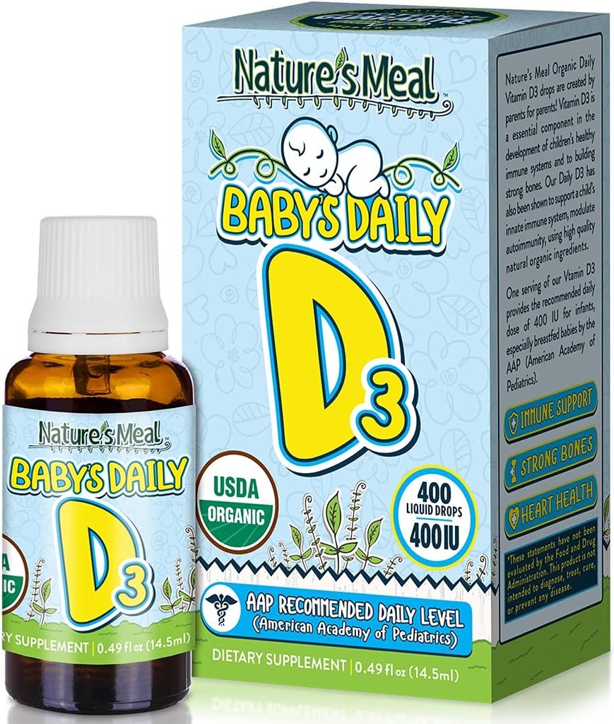 Prírodné jedlo - vitamín D kvapky pre dojčatá, Baby vitamín D kvapky pre imunitný systém, zdravie srdca, a zdravie kostí, Tekutý vitamín D s vitamínom D3 400 IU na porciu, bez príchute, 14,5 ml