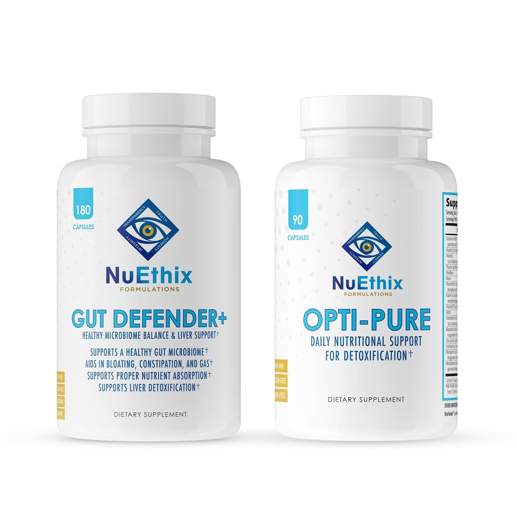 NuEthix Formulations Detoxifikácia a mikrobiom Balance Supplement Bundle of Opti-Pure, 30 Servings and Gut Defender+, 90 Servings