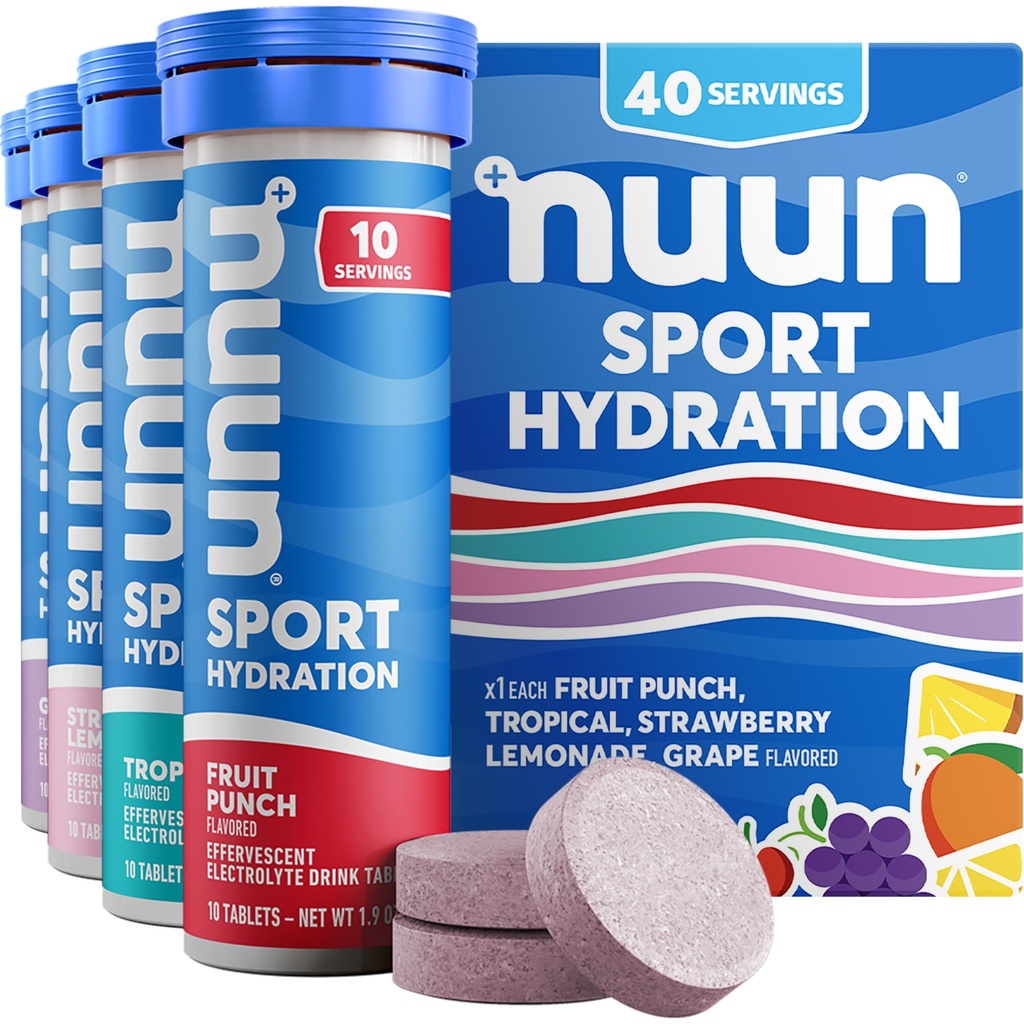 Nuun Sport Electrolyte tablety s horčíkom, vápnikom, draslíkom, chloridom a sodíkom, bezlepkom a vegánom, zmiešané príchute, 4 balenia (40 porcií celkom)