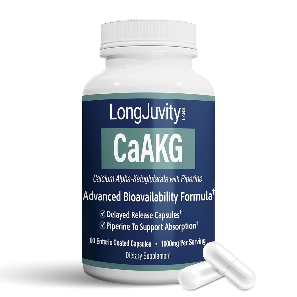 LongJuvity Calcium Alpha-Ketoglutarate Time Release AKG Supplement (1 000mg per Serving) - Gut Heath, Bone Health, Anti Aging & Longevity - Nezávisle testované laboratórium (60 Enteric obalené kapsuly)