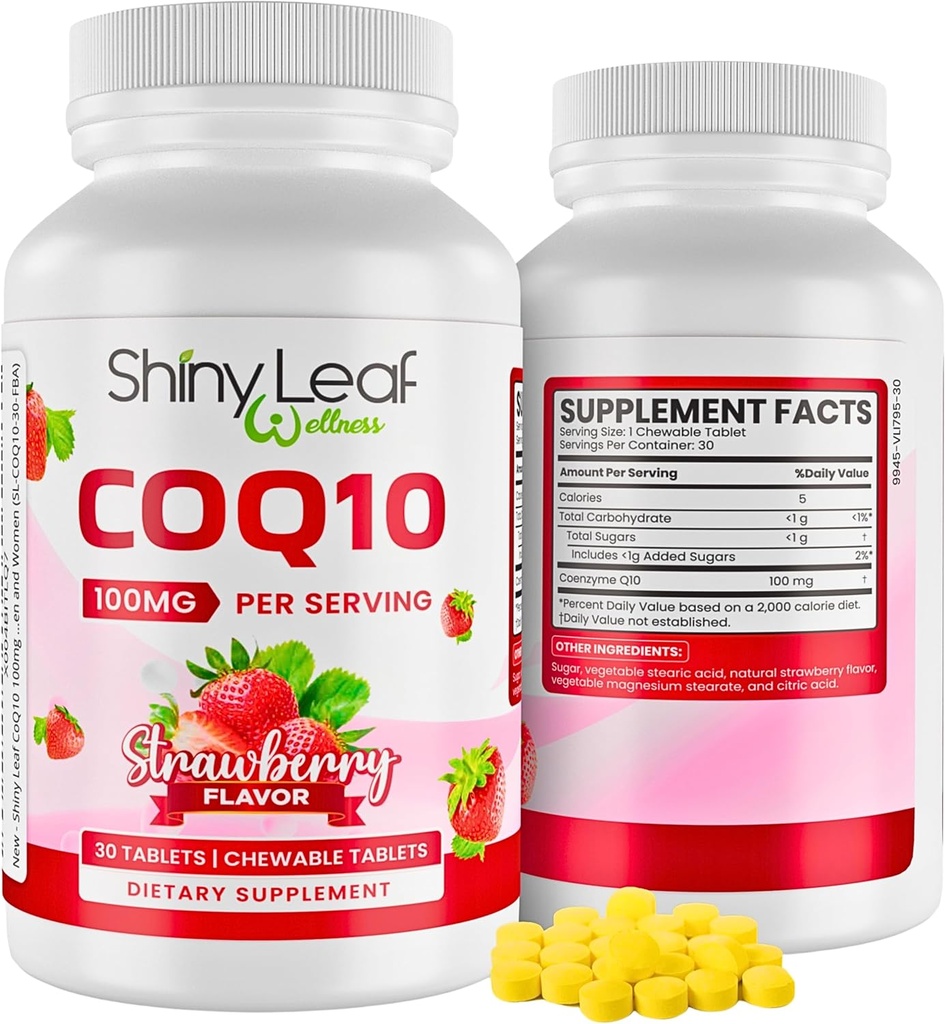 Shiny Leaf CoQ10 100mg - Chewable CoQ10 Supplement - Coenzyme Q10 for Heart Health & Energy - Natural Co Q 10 Supplement - For Cardiovascular Wellness - 100mg Chewable Tablets, 30 Tablets, Made in USA