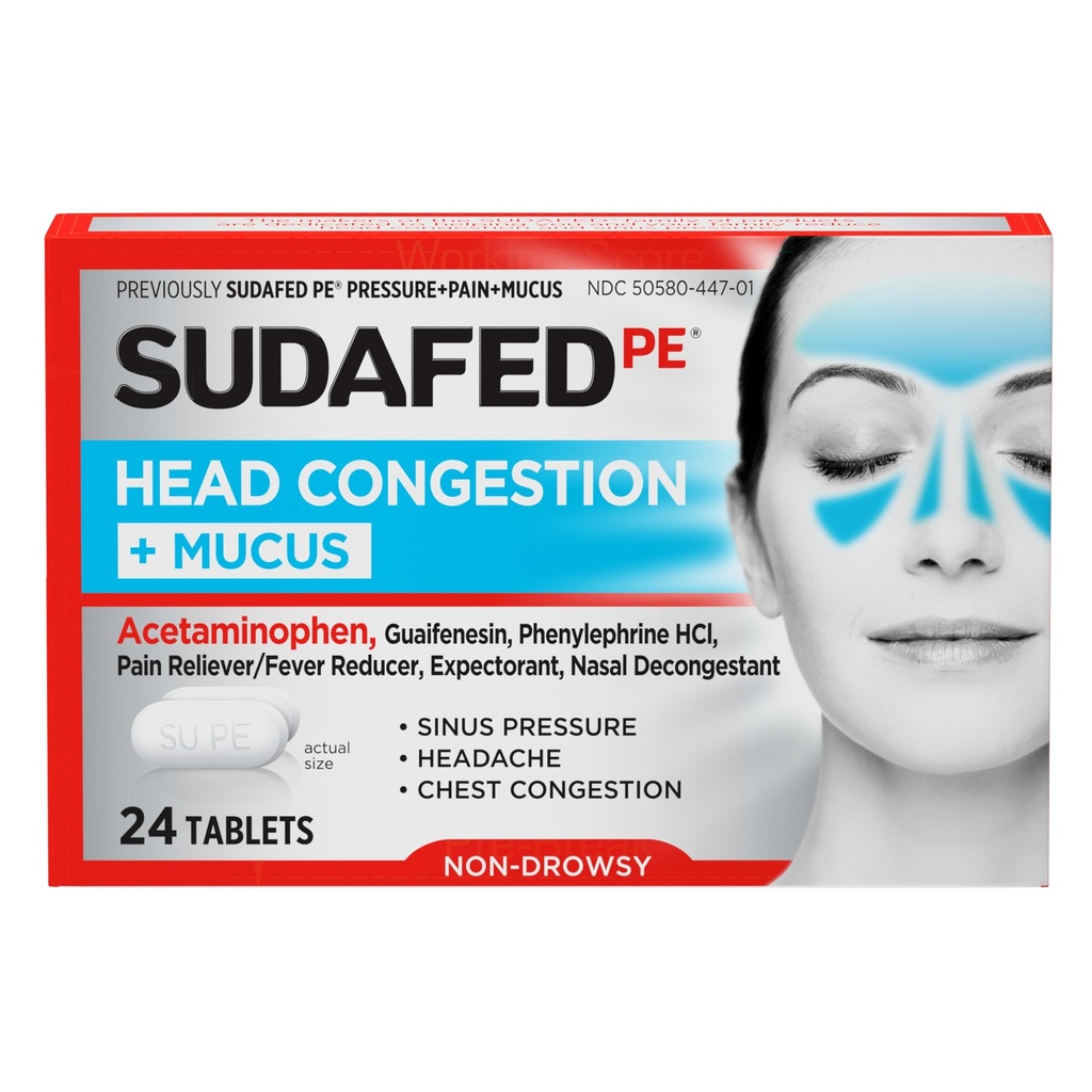 Sudafed PE Head Congestion + Muscus Relief Tablets for Sinus Pressure, Congestion, & Bolesť hlavy, non-Drowsy Decongestant with Acetaminophen, Guaifenesin & Fenylefrine HCI, 24 ot
