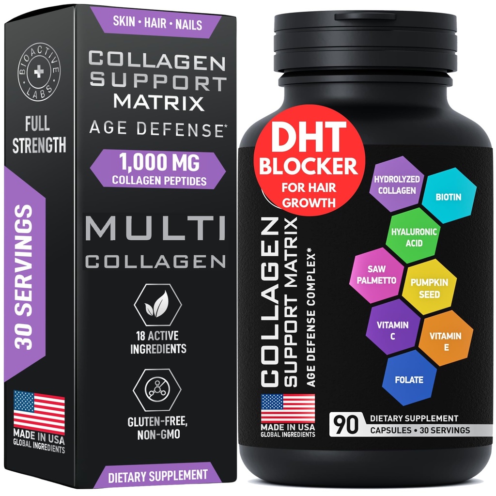 Age Defense Beauty Collagen Matrix - 2,000mg Multi Collagen Biotin Keratín Kyselina hyaluronová Saw Palmetto Vitamín C doplnok komplex - DHT blokátor pre mužov a ženy pre rast vlasov - 90 viečka bez lepidla