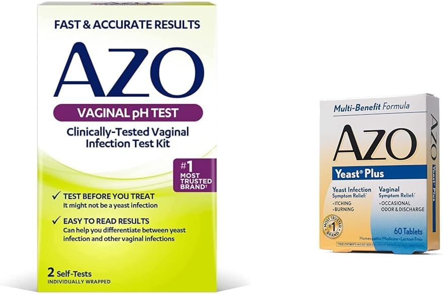 AZO Vaginálny test pH Kit a tabletky na zmiernenie infekcie kvasiniek, klinicky testovaná infekčná súprava so 60 tabletami na zmiernenie kvasiniek a vaginálnych symptómov