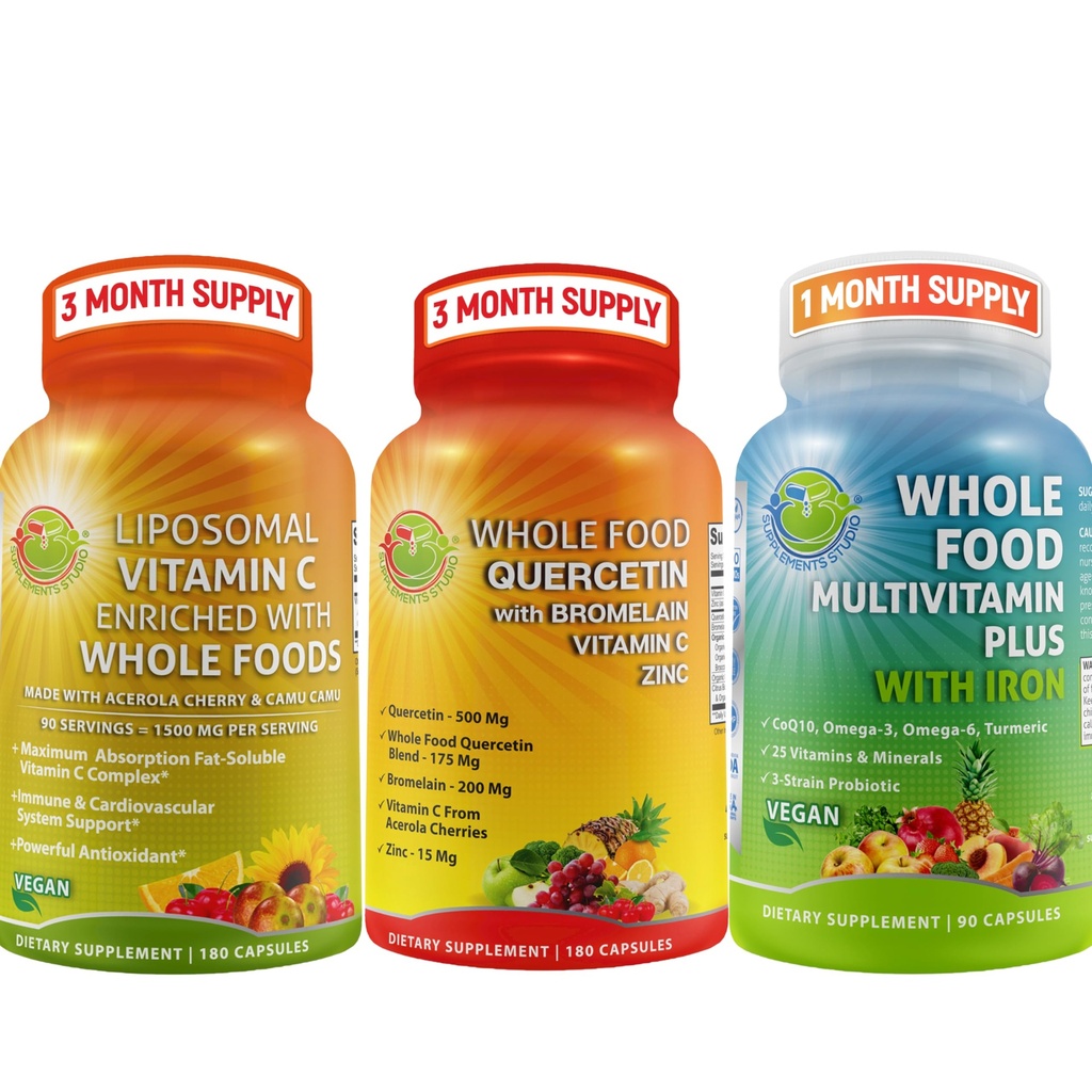 Kompletné denné vitamíny - Quercetin s Hypromelóza Supplement Bundle up s multivitamínom Plus pre mužov a ženy so železom a lipozomálnym vitamínom C tekutý gél - na imunitnú, respiračnú, trávivú podporu