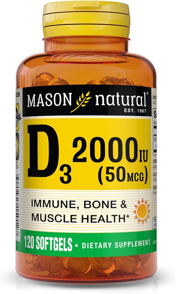 MASON NATURAL Vitamin D3 2 000 IU Ultra sila, podporuje kostnú hustotu, silu a imunitné zdravie, 120 Softgels