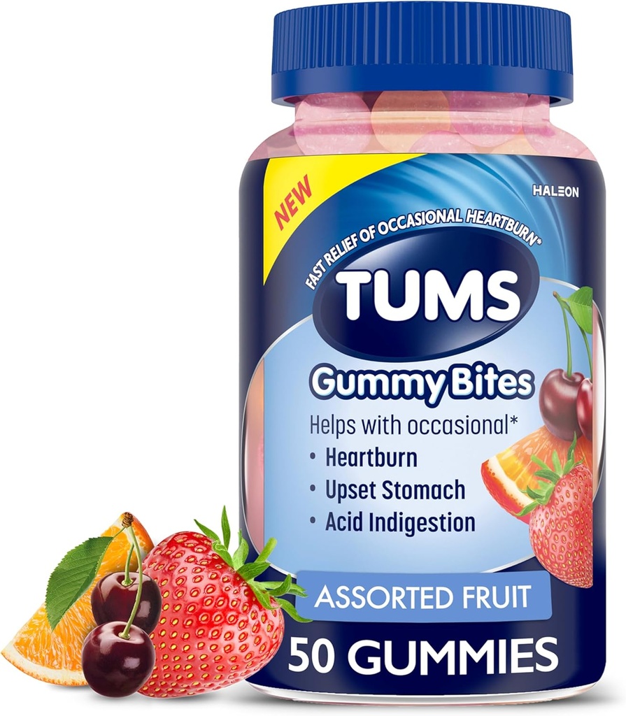 TUMS Gumoum Bites Dietary Supplement for Occasional Heart Relief, Upset Žalúdok a kyseliny tráviace ťažkosti, Rôzne ovocné príchute - 50 Počet