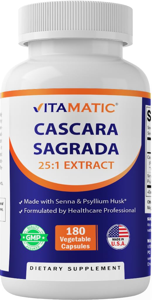Vitamatic Cascara Sagrada Vyrobené so Sennou a Psyllium Husk - 180 Veg Kapsule - koncentrované 25X Potencie - všetko prírodné - non-GMO