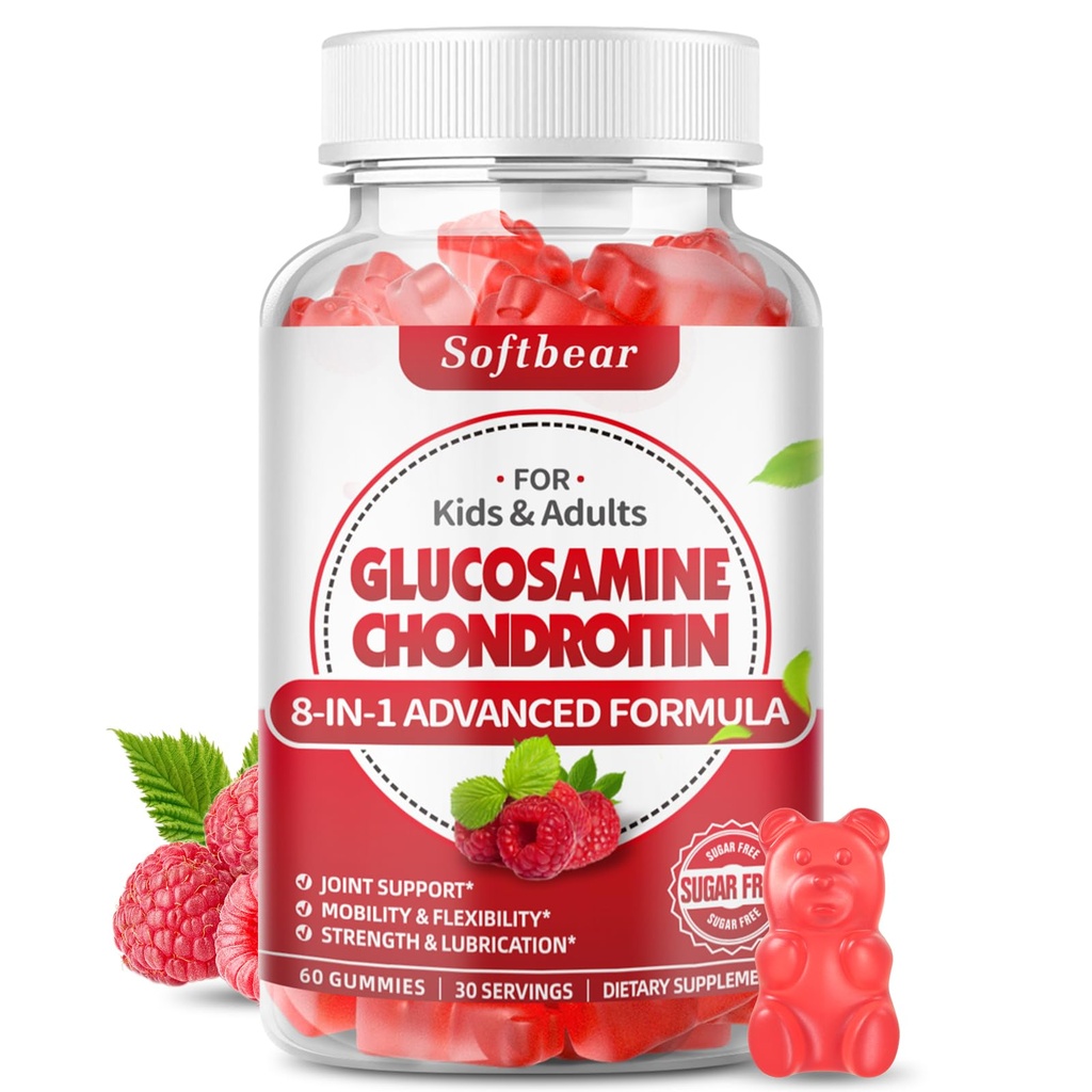 softbear Glukozamín Chondroitín Gummy, bezcukrový glukozamín Chondroitín MSM Supplement with Elderberry Turmeric Supports Joint Health & Antioxidant, Malinová Ochutené 60 Počet
