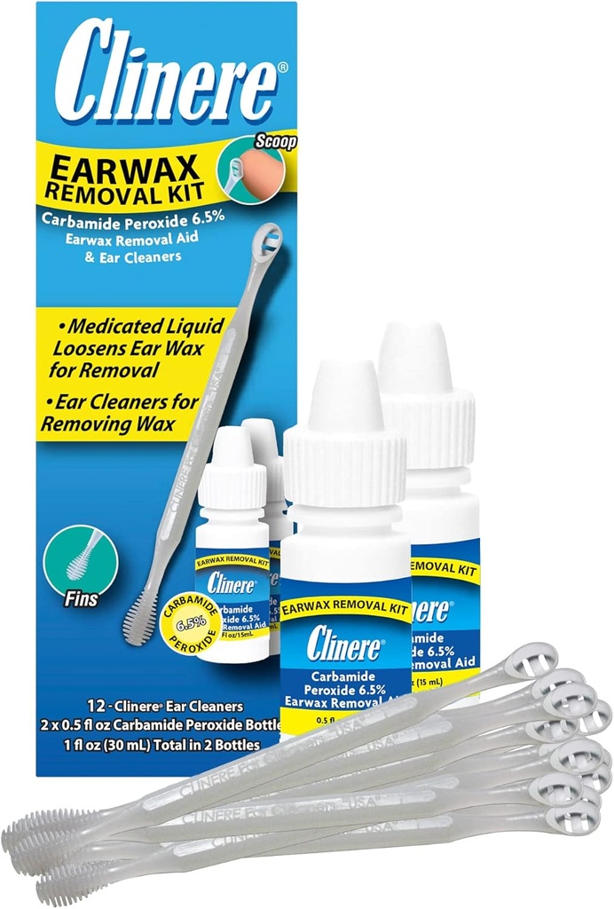 Clinere Earwax odstránenie Kit, bezpečne a jemne čistý ušný vosk, Svrbenie Relief, pracuje okamžite .5oz Karbamid peroxid, 2 x .5 Fl Oz s 12 Sticks