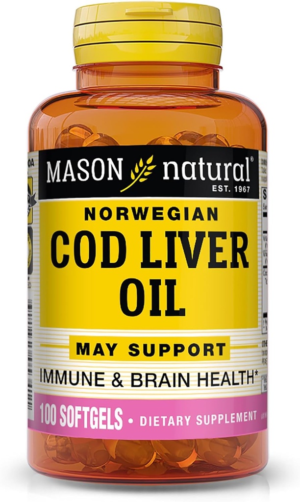 MASON NATURAL Cod Liver Oil Plus Vitamín A & D3 - Zdravé srdce a mozog funkcie, zlepšenie imunity, podporuje celkové zdravie, 100 mäkkých