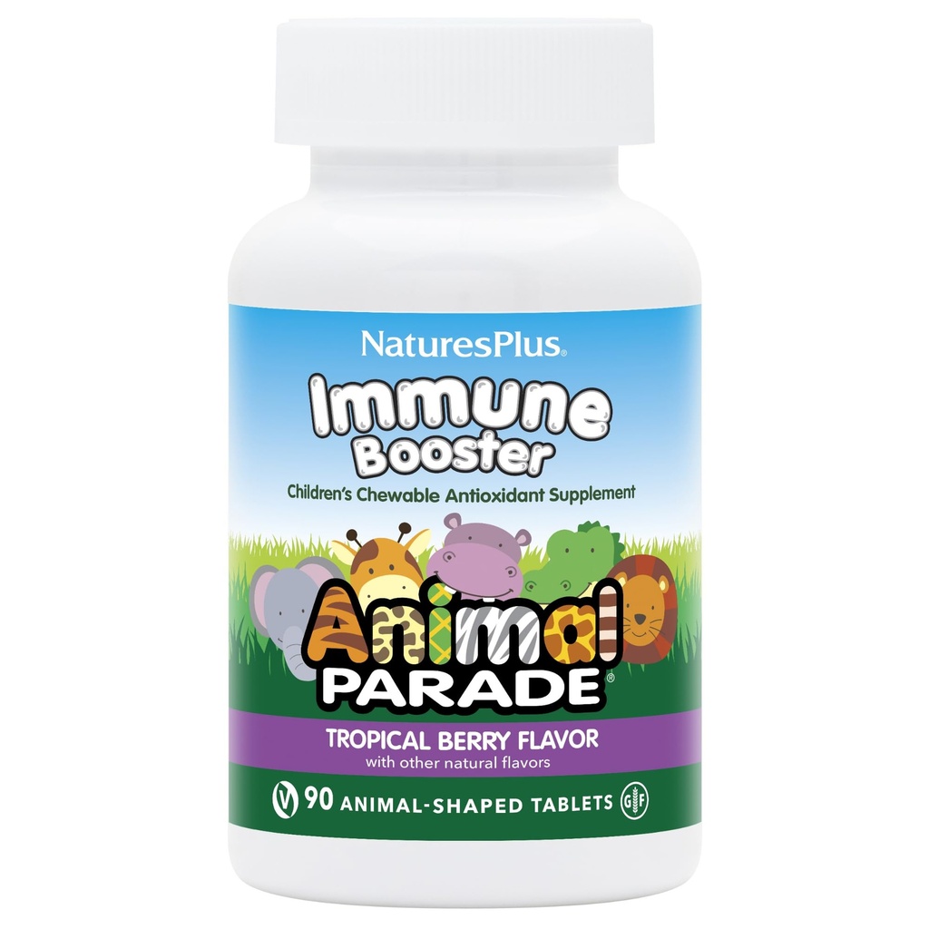Natures Plus Animal Parade Immune Booster - Tropical Berry Flavor - 90 Animal-Shaped Chewable Tablets - Poskytuje podporu imunitného systému - Gluten Free, Vegan - 45 Servings