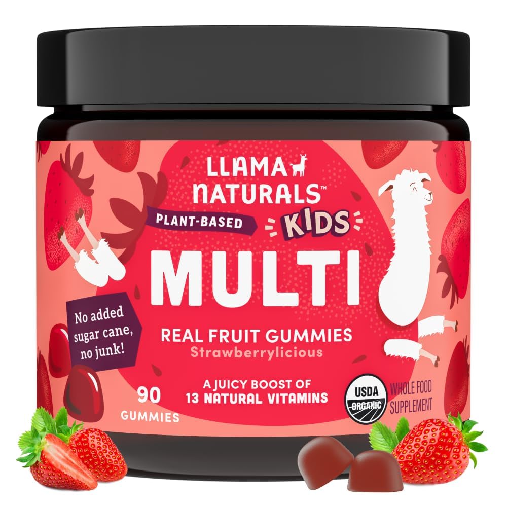 Llama Naturals Kids Multivitamínové Gummies, Vegan, Organické s vitamínom D, C & K, Batoľa skutočné ovocie Gummy vitamíny, žuvacie doplnok, celé jedlo multivitamín, žiadny pridaný cukor trstiny, jahod, 90 Ct