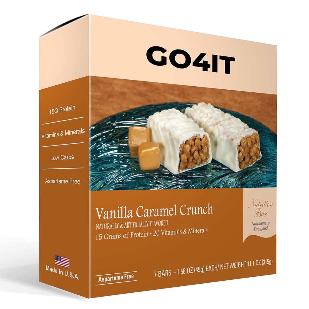 GO4IT Health Meal Replacement Bar, Highs Protein Nutrition Bar, Highs Fiber, LOW Kalórie, KETO priateľský, On-the-go, chudnutie Food Bar, 7/Box - (Vanilla Caramel Crunch)