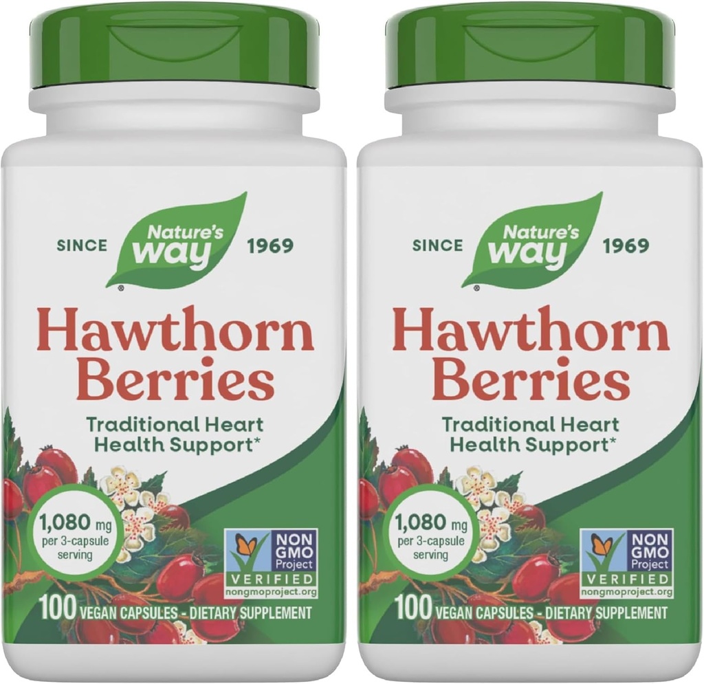 Nature's Way Herbal Hawthorn Berries, Traditional Heart Health Support*, 100 Vegan Capsulas (Backaging May Vary) (Pack of 2)