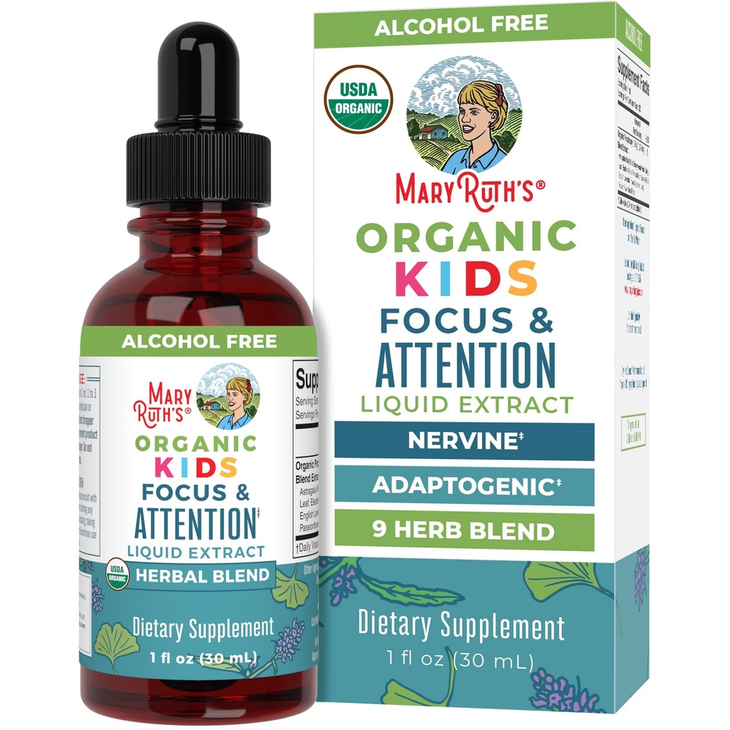 MaryRuth Organics Kids Brain Doplnky pre pamäť a zameranie, USDA Organic Drops with Ginkgo Biloba, Rhodiola Root & Licorice Root, Focus & Attention, Calm, Vegan, Non-GMO, Gluten Free, 30 Servings