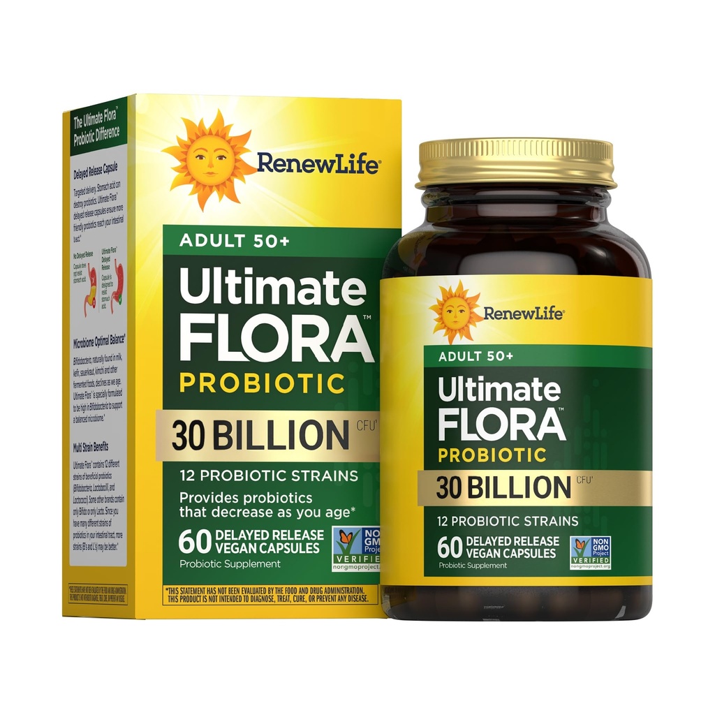 Renew Life Probiotic Adult 50 Plus Probiotické Kapsule, Daily Supplement Supports Urinary, Digestive and Immune Health, L. Rhamnosus GG, Dairy, Soy and glutton-free, 30 miliárd CFU, 60 grófov