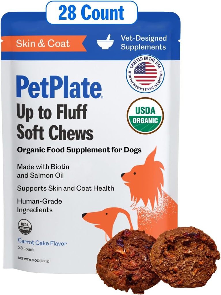 PetPlate až Fluff mäkké žuvačky pre psy, Skin & Coat Support, USDA Organic Supplement, Grain-free, Human-Grade, Zahŕňa lososový olej a biotín, Pet Supplies (Stock 1, 9.8 Ounce)