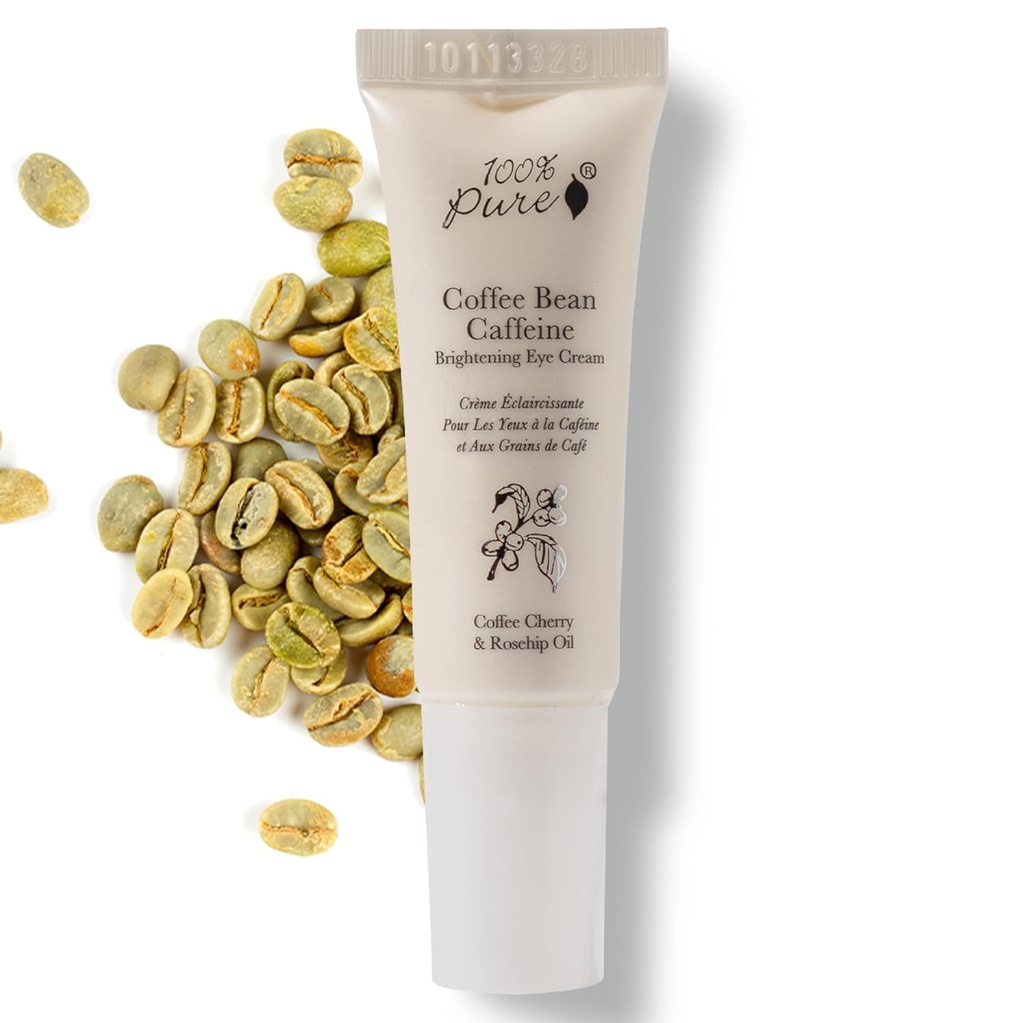 100% PURE Coffee Bean kofeín očný krém osviežujúci a hydratovaný pod očnou liečbou Znížiť opuchy, tmavé kruhy, vrásky so zeleným čajom, ružová hip, vitamín E - mladistvé vibrujúce oči - Vegan - 0,3 oz