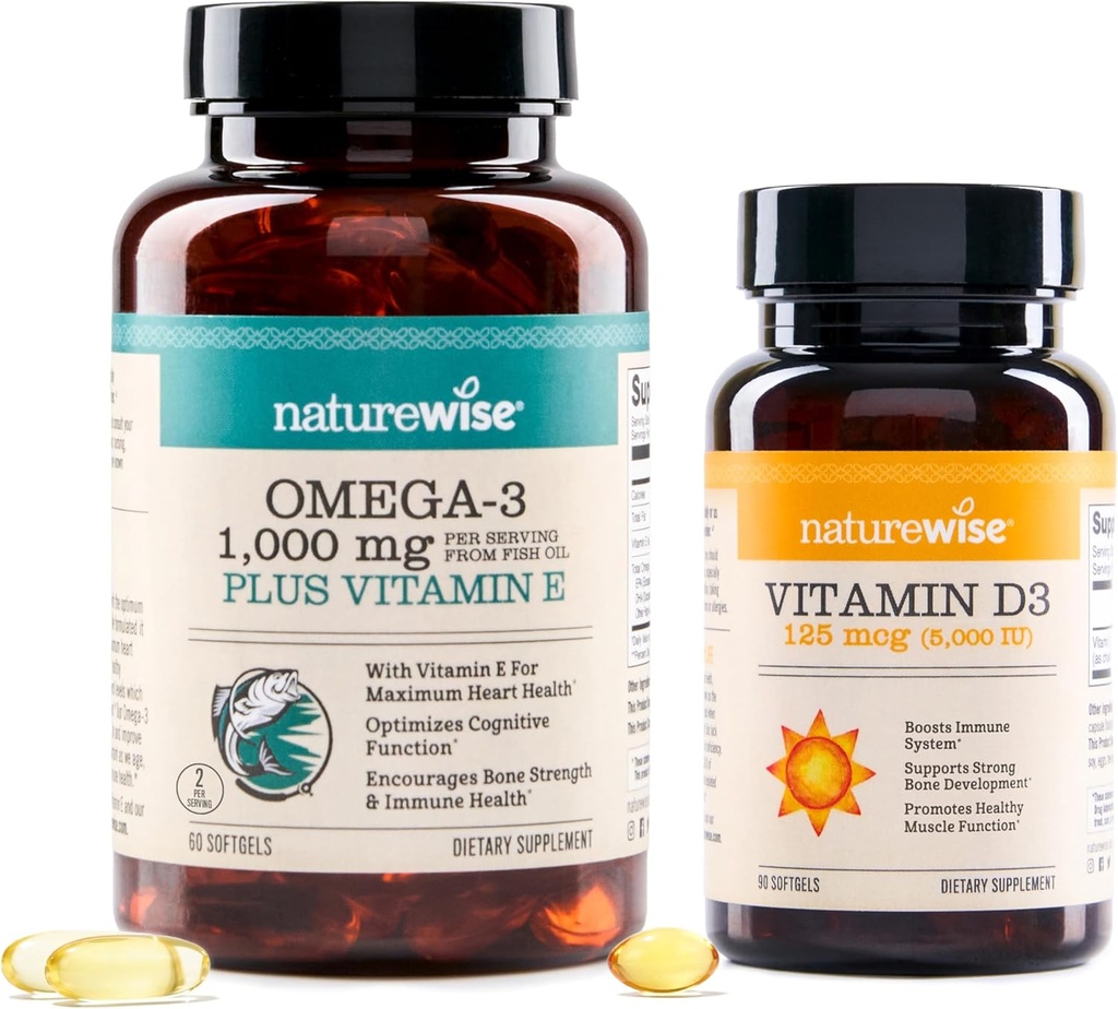 NatureWise High-Potency 1000mg Omega 3 with 600mg EPA, 400mg DHA, & Vitamín E a vitamín D3 5000iu (125 μg) Zdravá svalová funkcia a imunitná podpora
