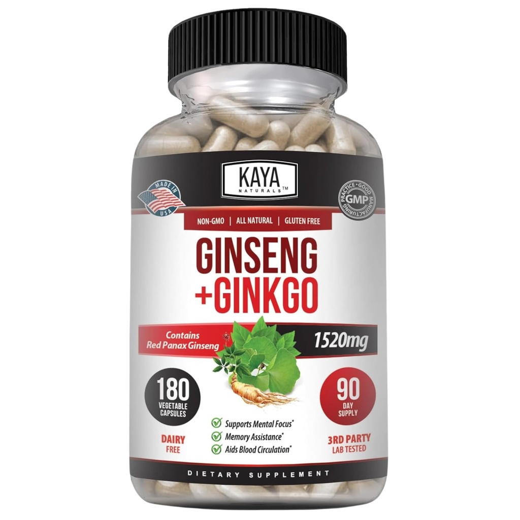 Kaya Naturals Red Panax Ginseng + Ginkgo Biloba - Nootropic Brain Supplement - Cognitive and Concentration Support - Mozog Booster, Focus, and Memory Supplement - 180 Kapsule