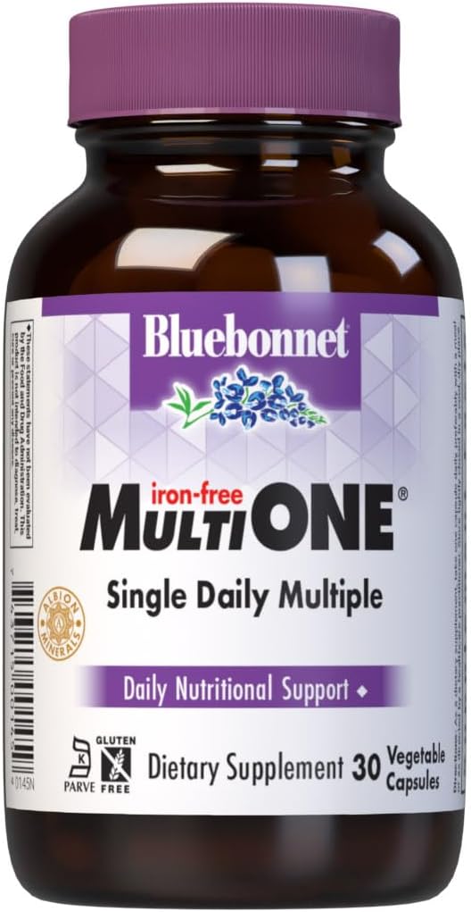 Bluebonnet Nutrition Multi ONE (Iron-Free), Daily Nutritional Support*, Kosher Certified, Gluten-Free, Dairy-Free, Vegetarián Friendly, 30 Rastlinné Kapsule, 30 Podávatelia