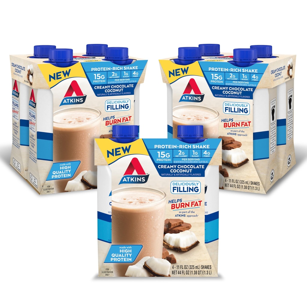 Atkins krémová čokoláda Kokosový proteín Shake, 15g Proteín, 2g Net Carbs, 1g cukru, Keto Friendly, 12
