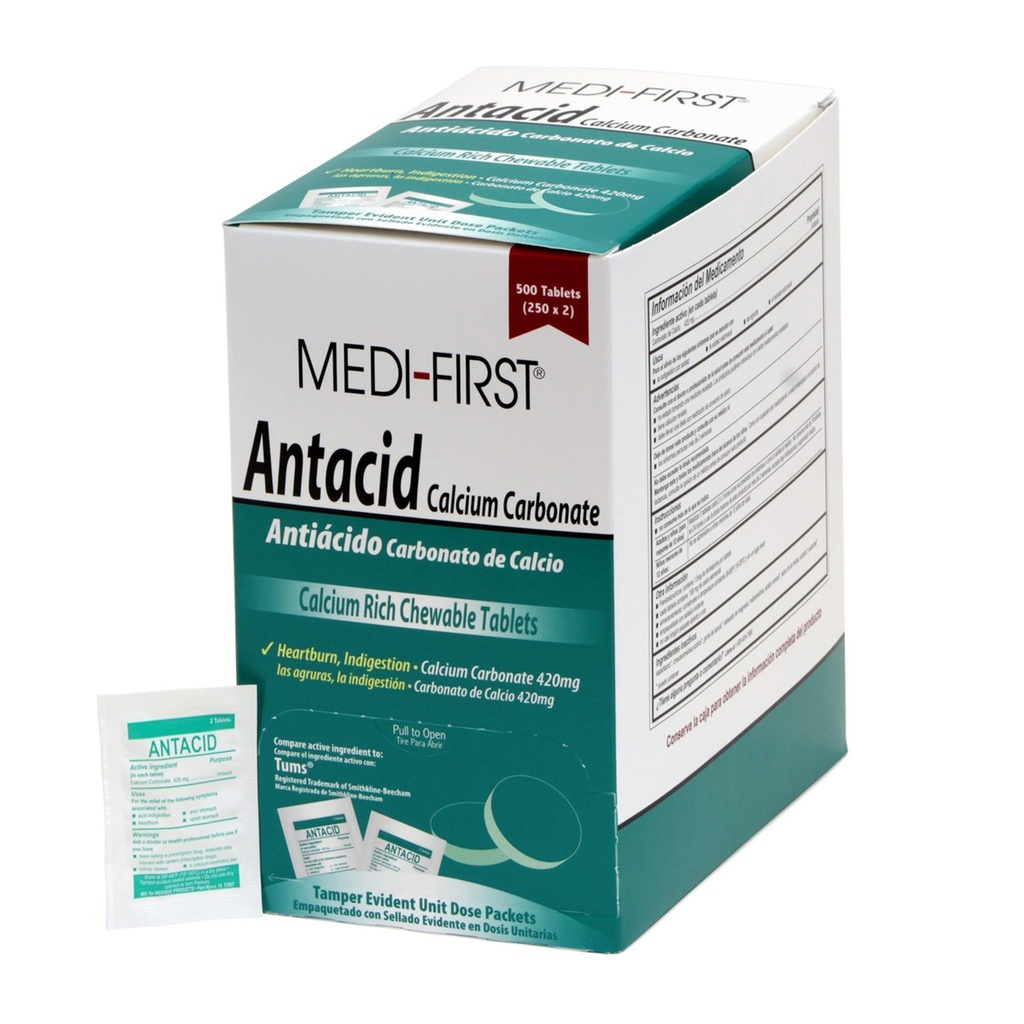Medi-First 80213 Žuvacie antacidá Tablety, 500 Počet