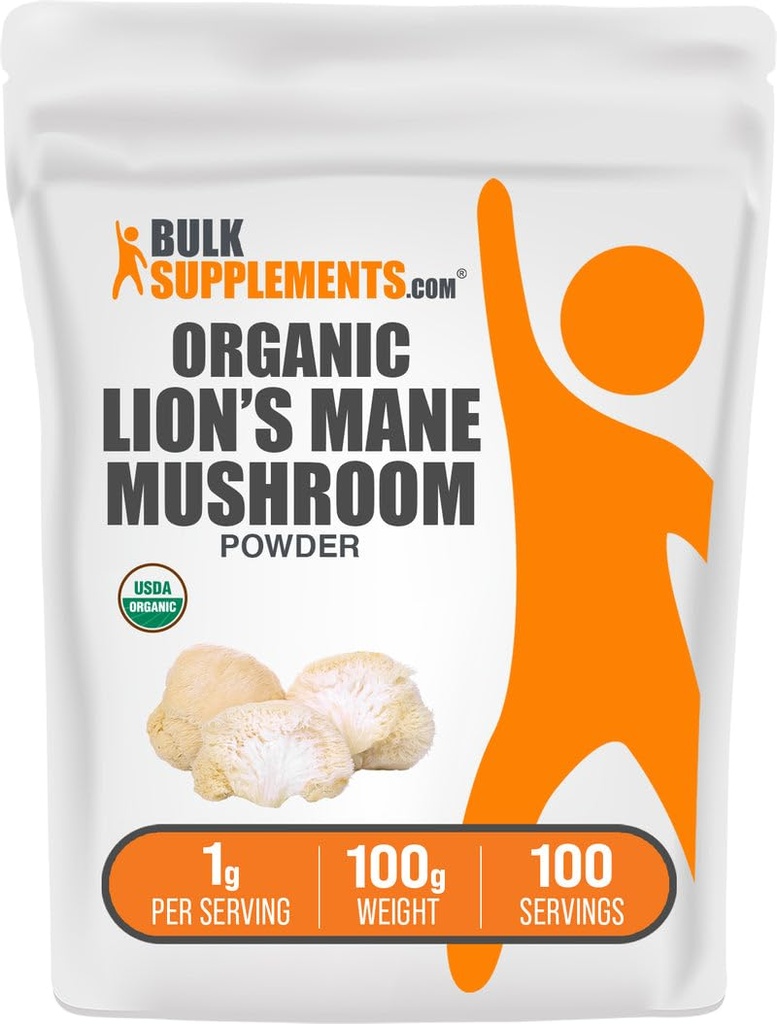 BulkSupplementments.com Organic Lions Mane Mushroom Powder - Lions Mane Powder, Mushroom Supplement - Vegan & Gluten Free, 1g per Serving, 100g (3,5 oz) (Pack of 1)