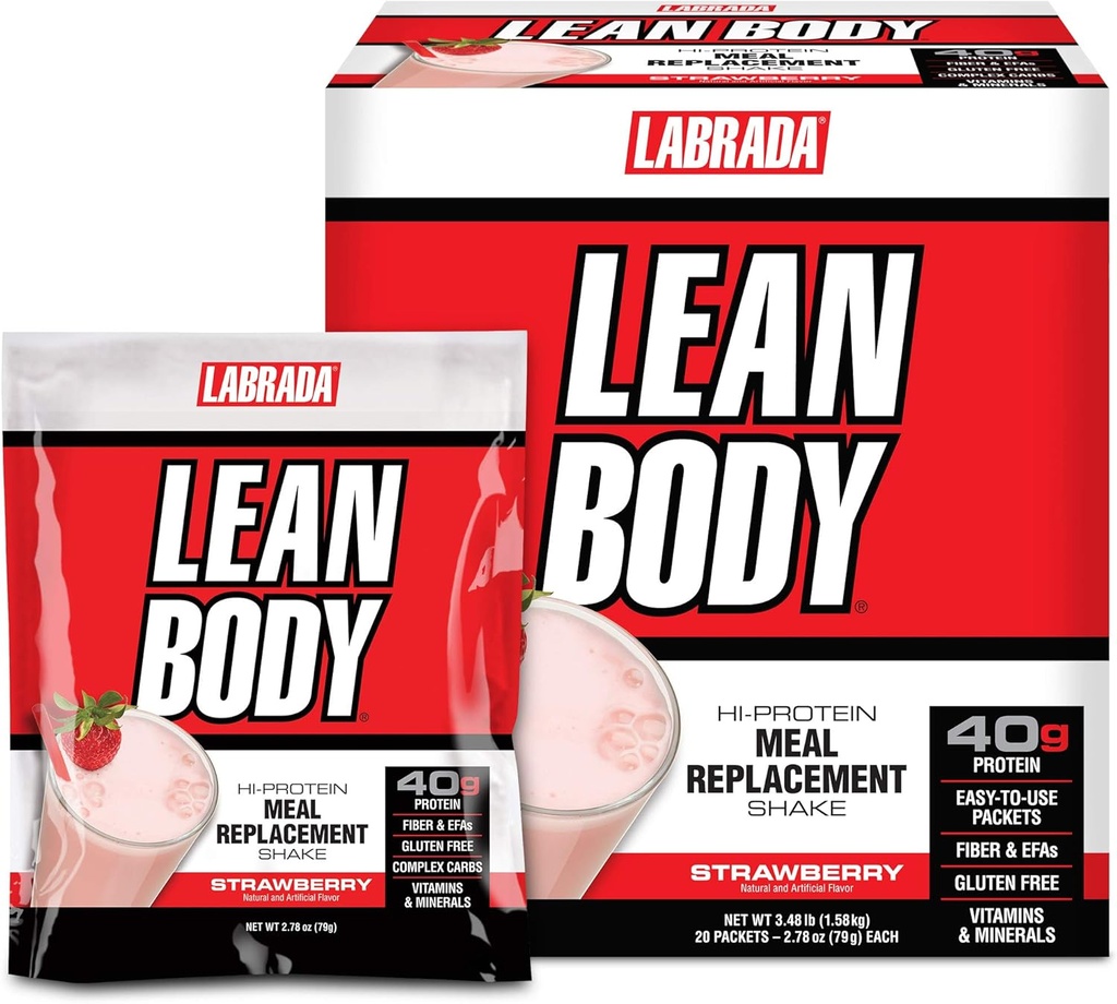 Labrada Lean Body MRP All-In-One Jahodové jedlo Replacement Shake, 40g Protein, Srvátka Blend, 8g Zdravé tuky EFA & Fiber, 22 Vitamíny a minerály , Bez umelej farby, Gluten Free, (20 paketov)