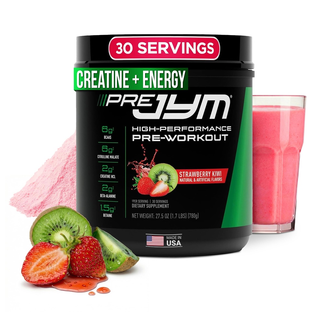 JYM Supplement Science Pre JYM Strawberry Kiwi Pre Workout Powder - BCAA, Nootropics, Creatin HCI, Citruline, Beta-Alanine, Betaine, Taurín, Huperzine 30 Servings