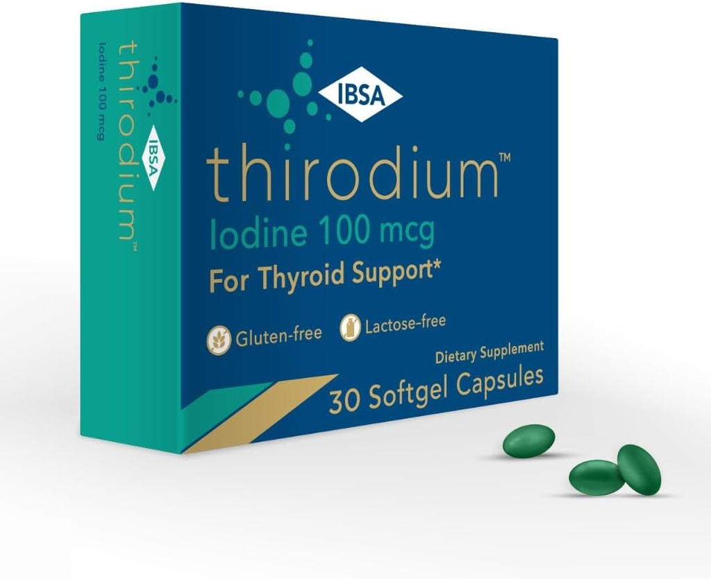 Thirodium - Doplnková podpora štítnej žľazy - 100mcg jód (jodid sodný) - 30 Soft-Gel Kapsule pre zvýšenú absorpciu - Bezlepkové, bez laktózy, bez cukru, bez GMO