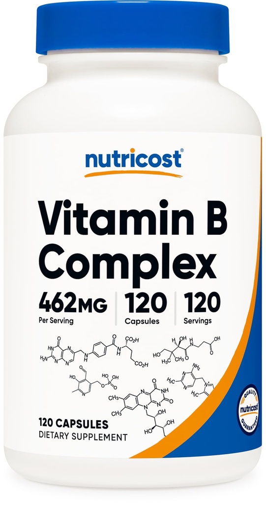 Nutricost Vitamín B komplex vysokej potencie 462 mg, 120 kapsúl - s vitamínom C - energetický komplex