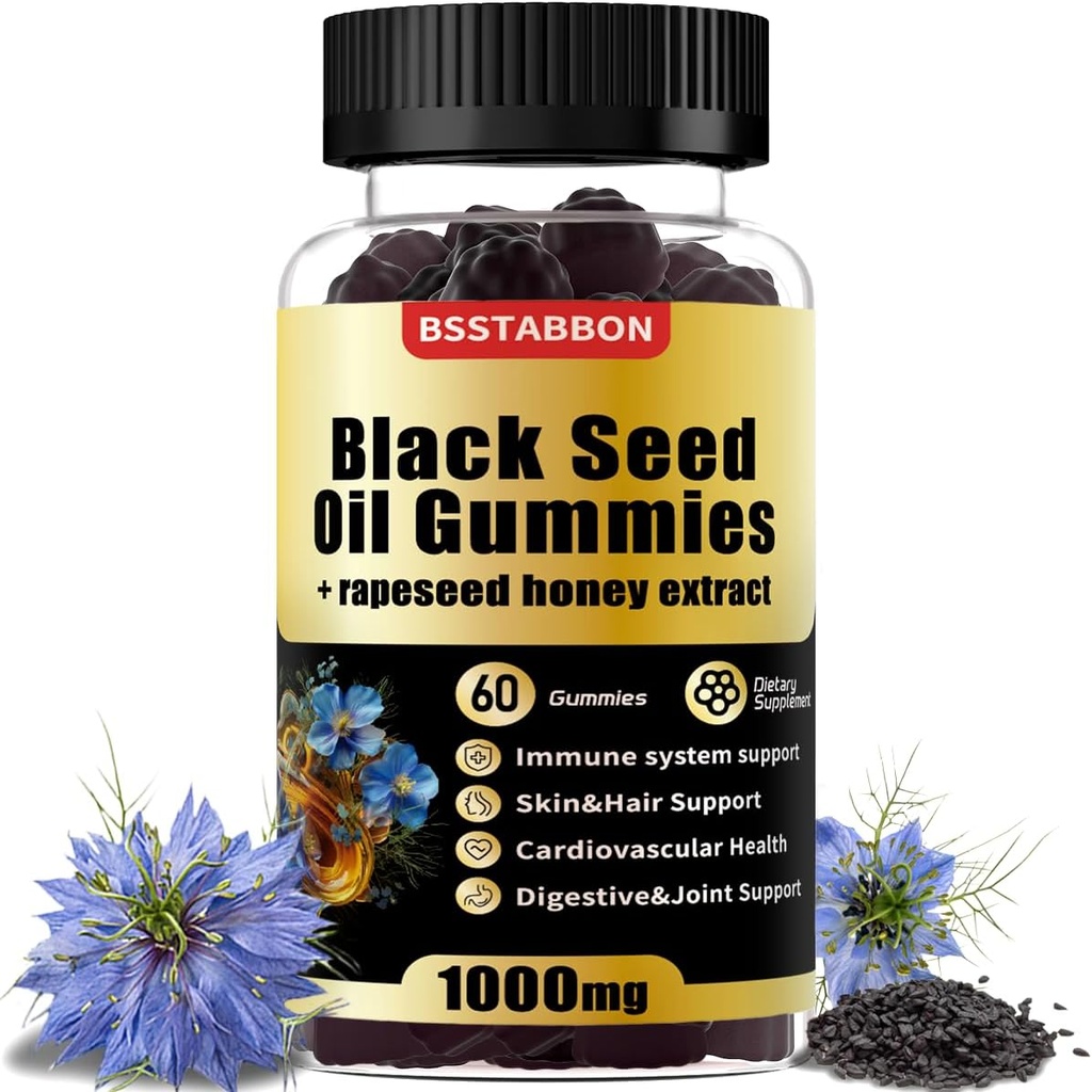 Čierny olej z semien Gumies s 1000mg organického čierneho oleja zo semien, 25mg extraktu z repkového oleja, Vitamin B6,B12 a zinok na podporu imunitného systému (60 Gumies) (60 gróf)
