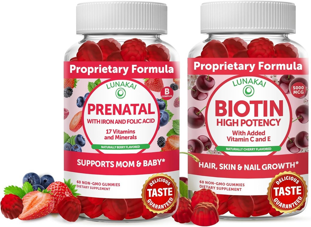Lunakai Biotin a prenatálna kunda - Vlasy kože a nechtov rast doplnok s vitamínom C a E - Tehotenstvo Multivitamín Gummy so železom a kyselinou listovou - 30 dní