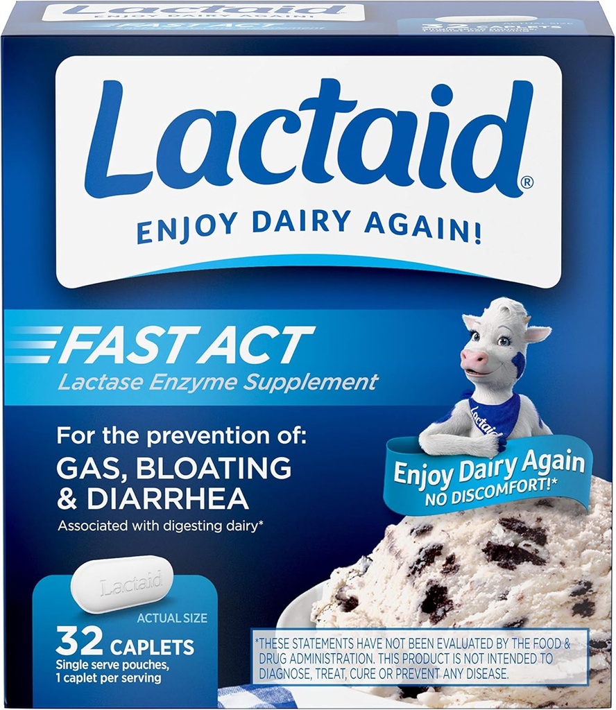 Lactaid Fast Act Laktóza Intolerancia Relief Caplets with Lactase Enzyme, 32 Travel Packs of 1-ct.