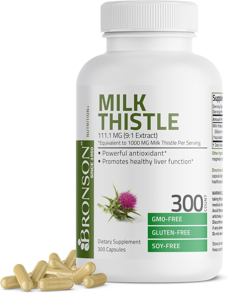 Bronson Milk Thitle 1000 MG Silybum Marianum Antioxidant a podpora zdravia pečene - Non- GMO, 300 kapsúl