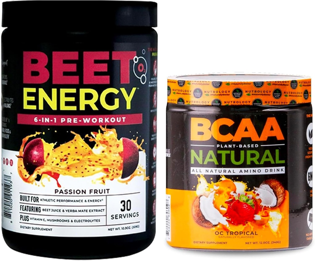 Nutrology Beet Natural O2, pred cvičením prášok, mučenka ovocná chuť (30 slúži) BCAA prírodné, Plant Based BCAA Powder, Orange Coconut flavor (30 slúži)