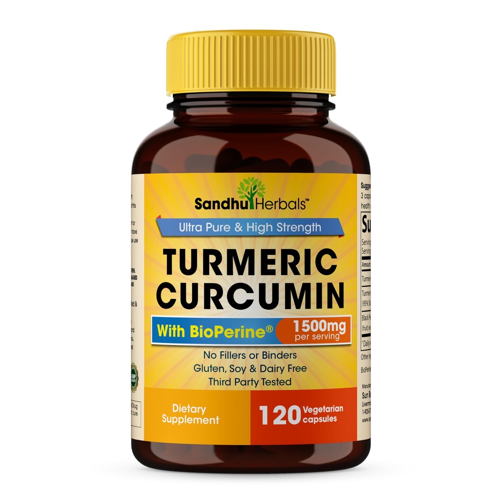 Sandhu Herbals Organic Turmeric Curcumin 120 Kapsule s Bioperine Black Pepper Extract Supplement 