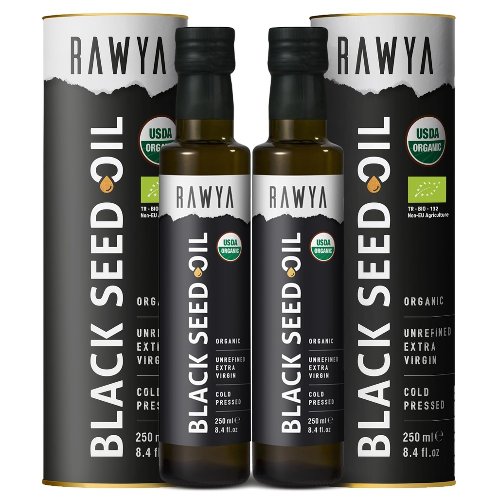 RAWYA Black Seed Oil - Organic Cold Pressed Nigella Sativa - Turecký pôvod - USDA Organic - Natural Supplement - Black Cumin Seed Oil - Rich Flavor & High Concentration - 250ml Sklenená fľaša - 2 balenia