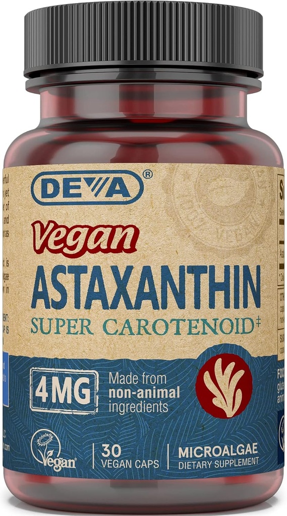 Deva Nutrition Vitamíny Astaxantín 4 mg, Vegan, Made from Hematococcus Pluvialis Mikroriasy, 30 Kapsule, 1-Pack