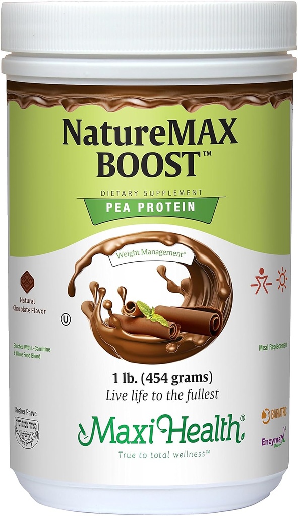 NatureMax BoostTM Pea Protein Powder - Energy Supplement Meal Replacement - 20g Protein per Serving - Natural Chocolate flavor - Kosher Vitamín - 1lb.
