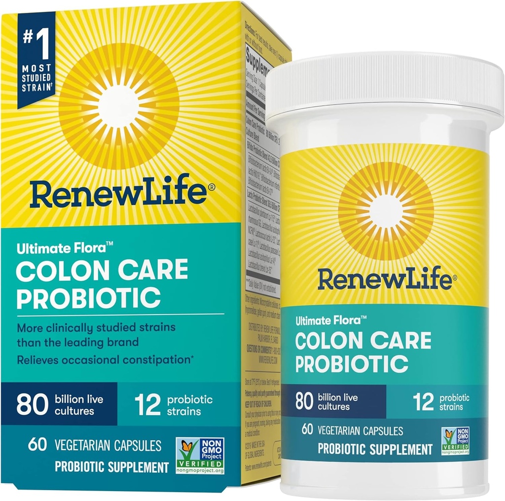 Renew Life Adult Colon Care Probiotic Supplement, Gluten, Dairy & Soy Free, 80 miliárd CFU na kapsulu, 60 kapsúl (Backage May Vary)