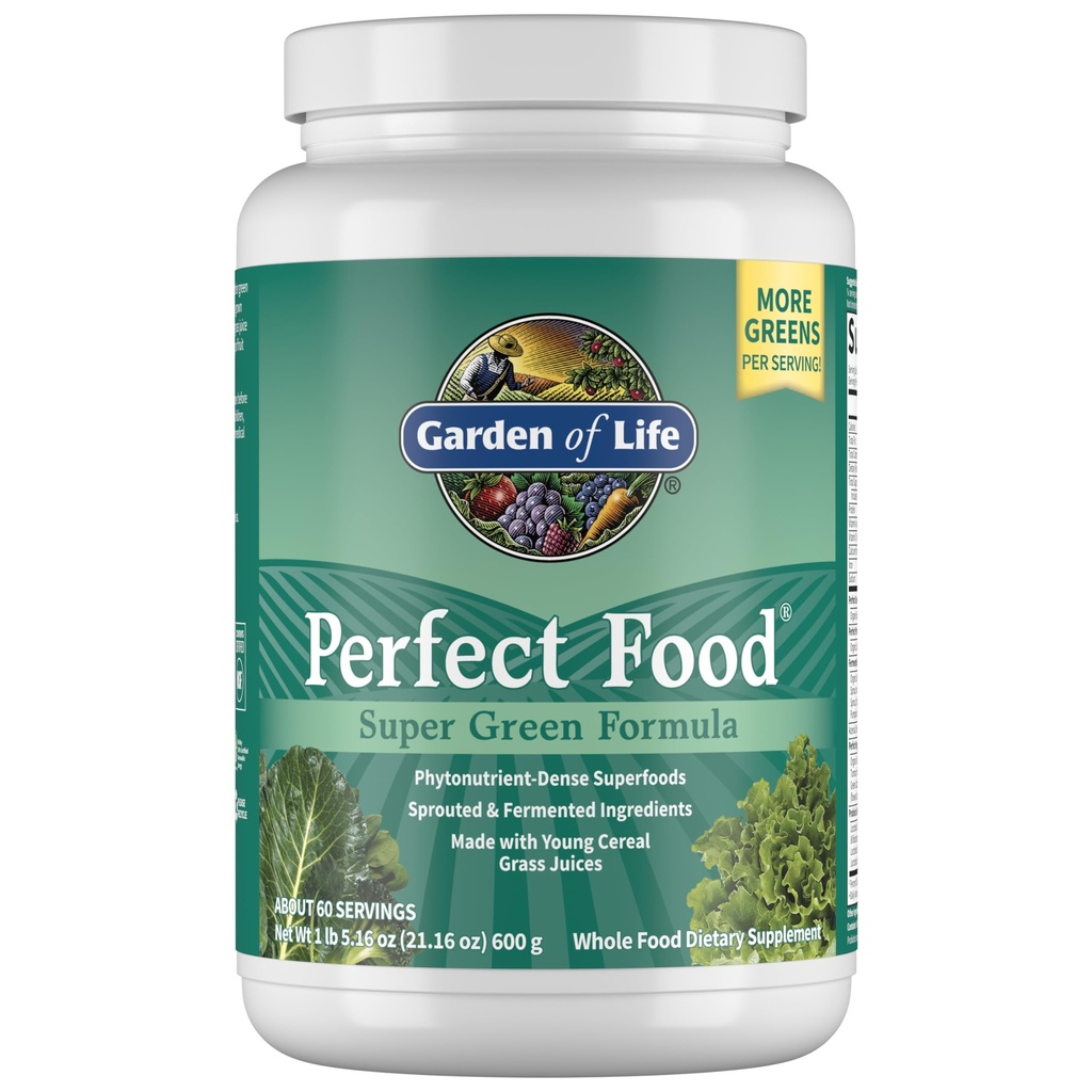 Garden of Life Perfect Food Super Green Formula - 60 Servivné služby, 45 Superfoods, Zelená, Ovocie a zelenina Džús Superfood Powder Supplement, Probiotiká & Organic Spirulina for Digestion & Immune Health