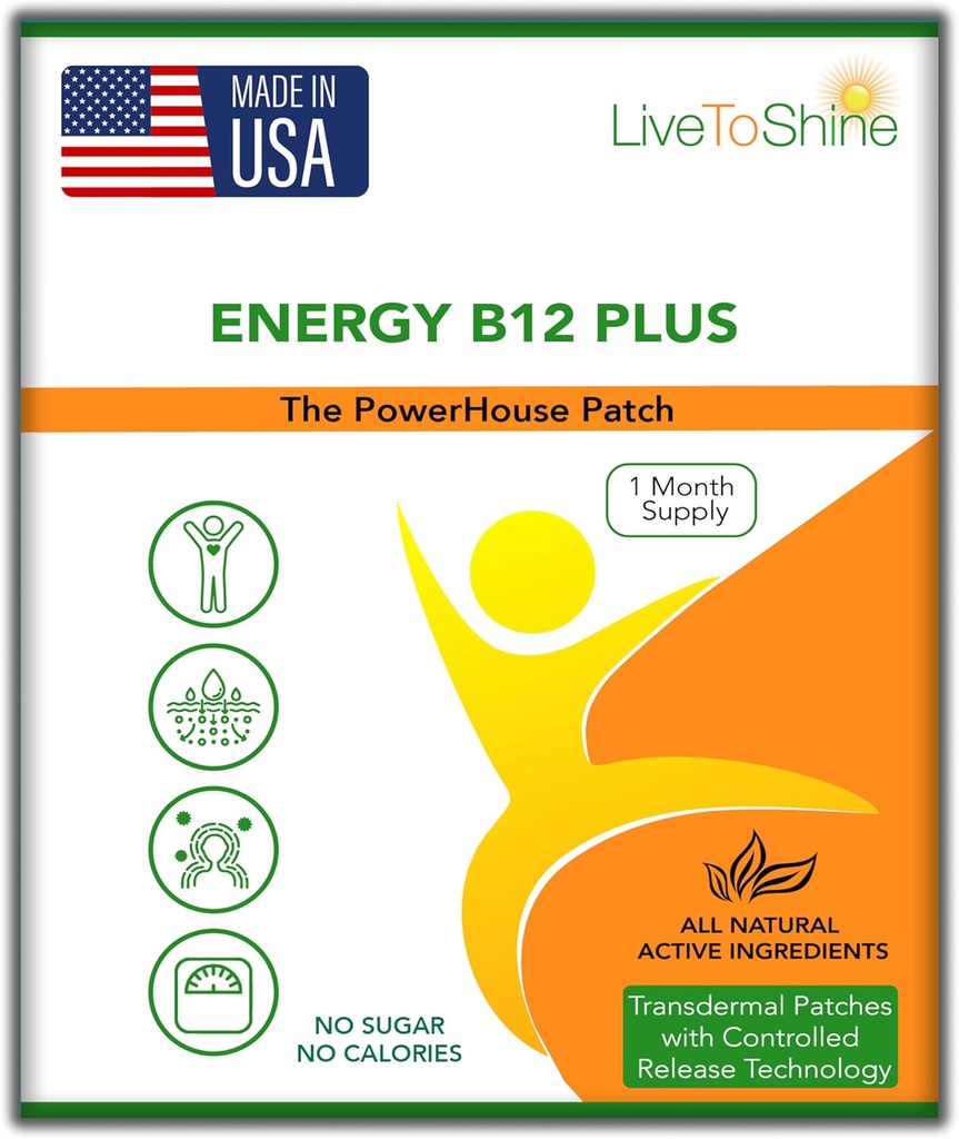 Live To Shine B12 Energy Plus Topical Patch - Podpora energie a zamerania pre ženy a mužov - 30-Deň dodávky - USA Made