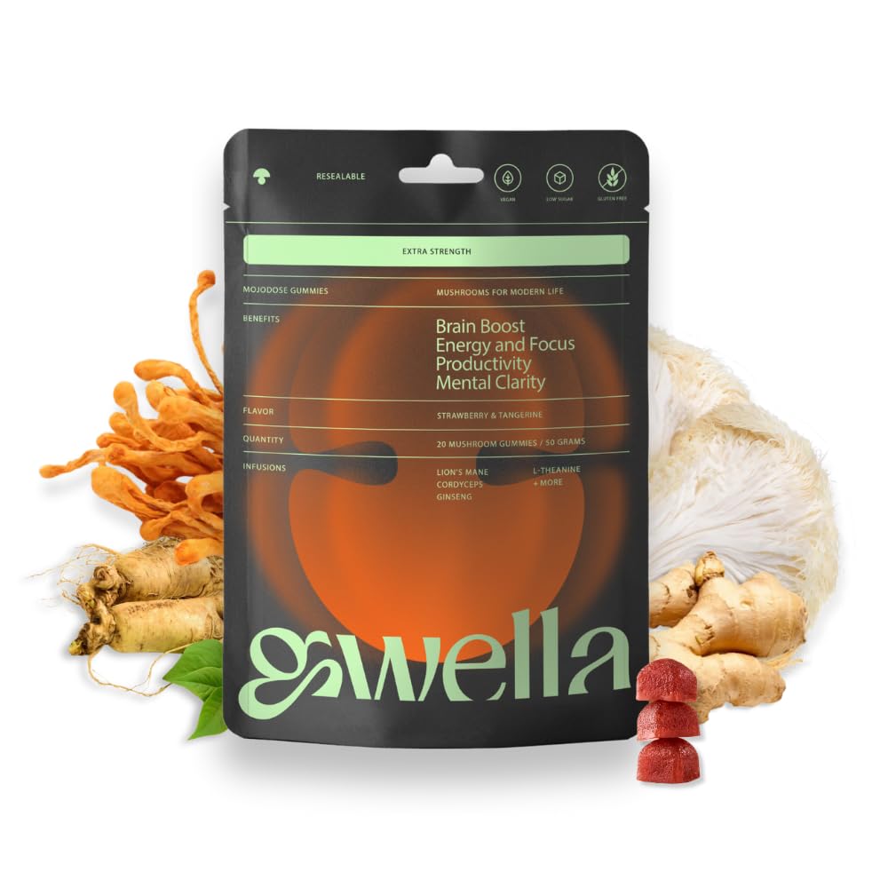 Gwella Focus Gummies s Levia Mane, Panax Ginseng, Ginger Root, Cordyceps, SAM-e, a Nootropics, Energy and Focus Supplement, Vegan, Strawberry Tangerine (20 gróf - balenie 1)
