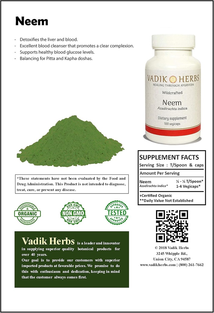 Certified Organic Vadik Herbs Neem (Azadirachta Indica) Powder 1lb. Balíček Vynikajúci čistič krvi, podporuje zdravé hladiny glukózy v krvi, Vyrovnávanie pre Pitta a Kapha Doshas